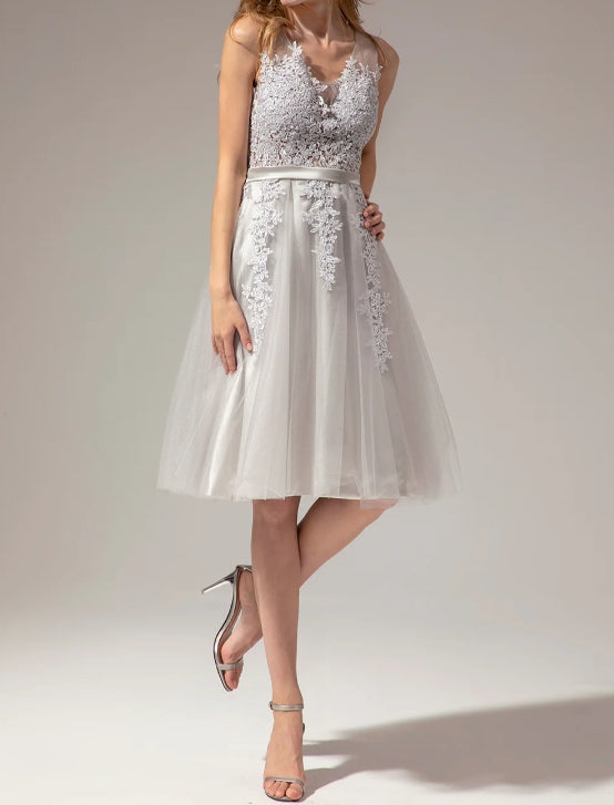Back view of the silver V-neck lace short dress.