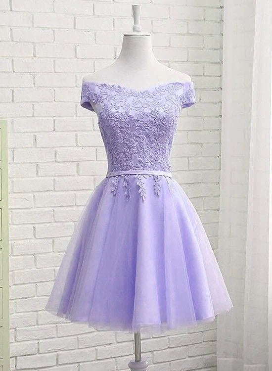 Full-length view of the off-shoulder A-line dress, highlighting its short hemline.