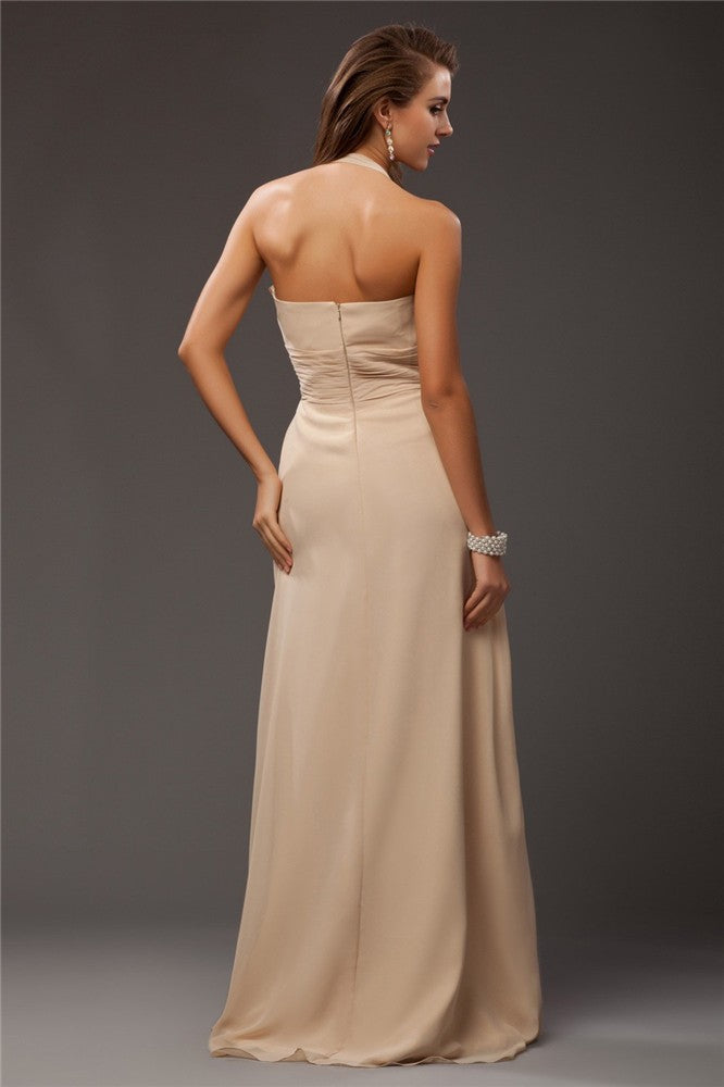 Back view of a long sheath halter bridesmaid dress.