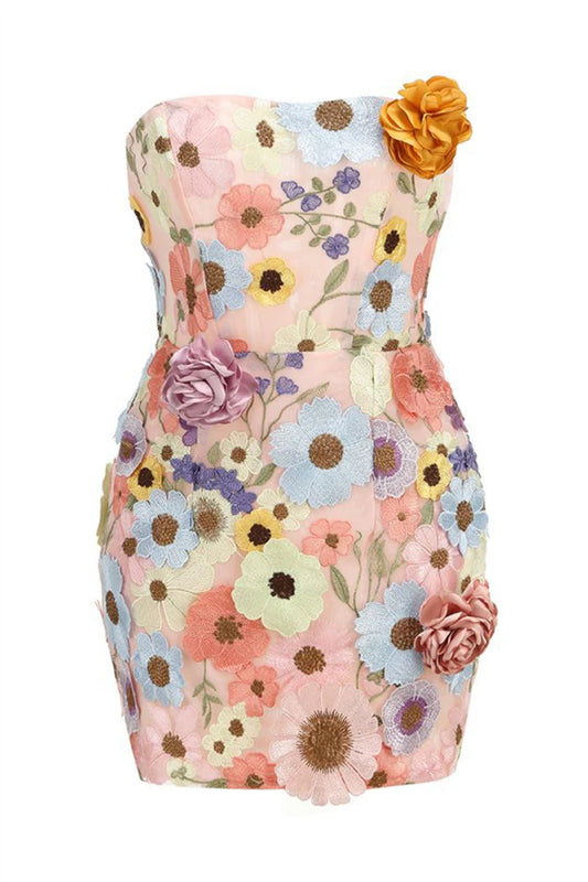 Koutun pink strapless dress with intricate 3D floral details.