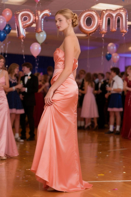 Side view of the floor-length satin A-line gown, showcasing its graceful silhouette.