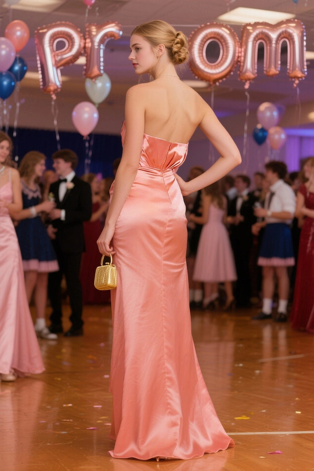 Close-up of the intricate 3D rose embellishment on the waist of the strapless satin dress.