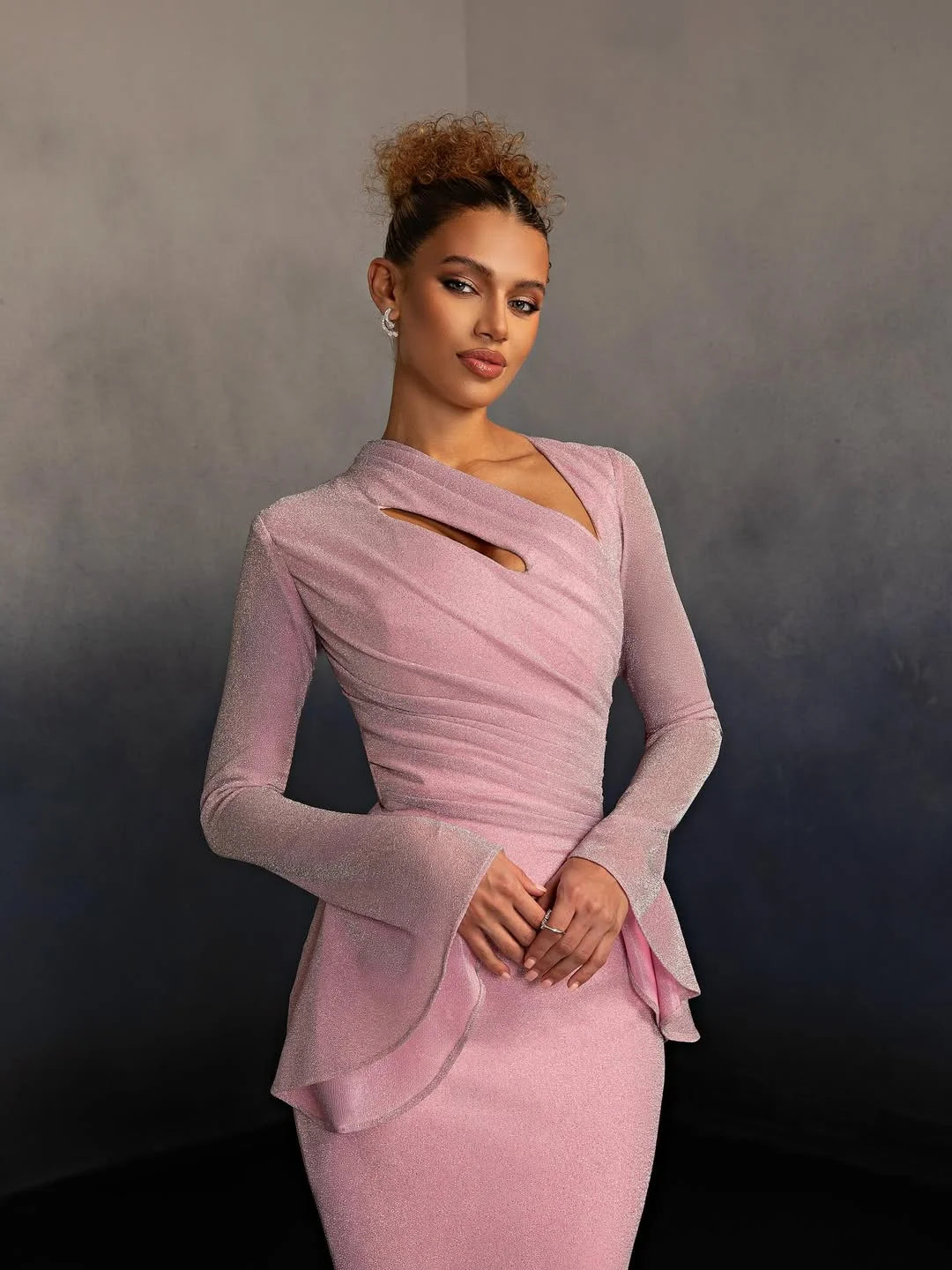 Elegant Asymmetrical Neck Ruched Glitter Long Sleeve Mermaid Maxi Prom Dress with Flare Cuffs and Trailing Train