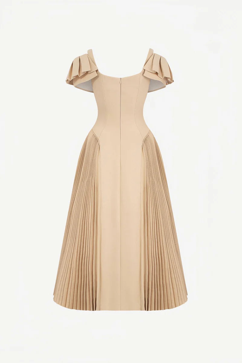 Elegant Cold Shoulder Ruffle Cuff Pleated Skirt Fitted Bodice Midi Prom Dress For Formal Evening Wedding Guest