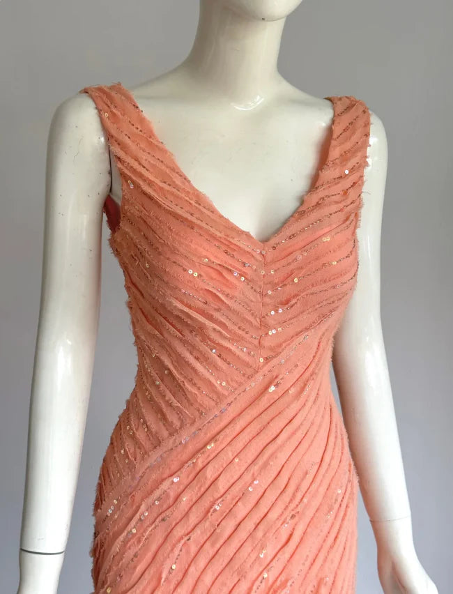 Elegant Coral V-Neck Prom Dress With Sleeveless Design Sequin Embellished Bodice And Asymmetrical Chiffon Skirt For Formal Evening Party