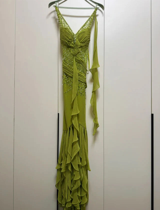 Elegant Green V Neck Prom Dress With Beaded Bodice Draped Chiffon Details And High Low Ruffled Skirt For Formal Evening Party