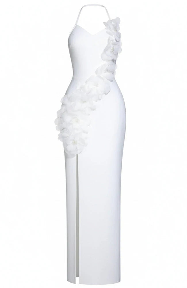 Elegant Halter Neck 3D Floral Applique Bodycon Maxi Prom Dress With Slit For Formal Evening Wedding Guest