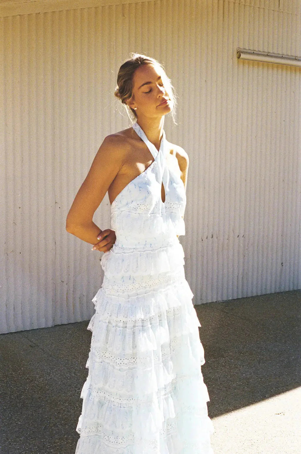 Elegant Halter Neck Backless Eyelet Embroidery Tiered Ruffle Maxi Prom Dress For Formal Evening Wedding Guest