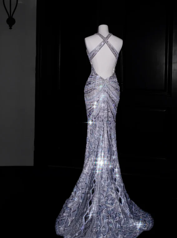 Elegant Halter Neck Crystal Embellished Crisscross Back Mermaid Prom Dress with Train