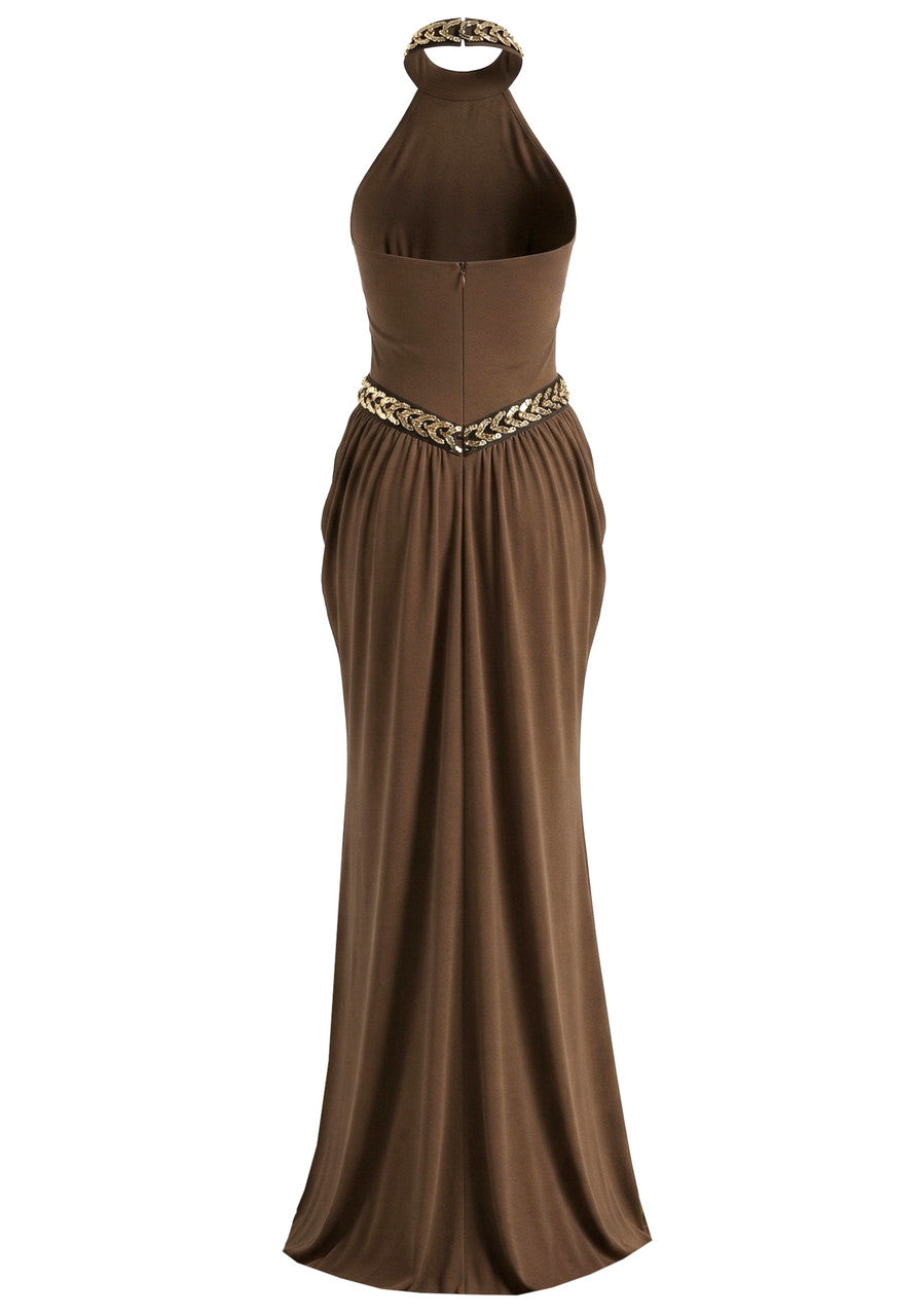 Elegant Halter Neck Open Back Beaded Detail Ruched Maxi Prom Dress