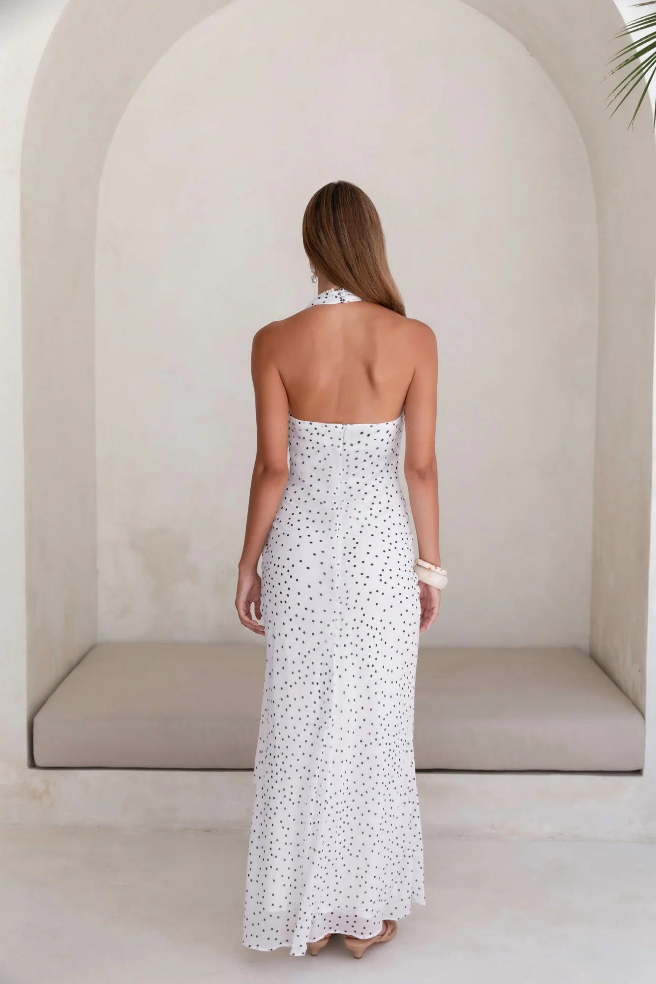 Elegant Halter Neck Polka Dot Print Backless Asymmetric Hem Chiffon Prom Dress For Wedding Guest Formal Evening Gala