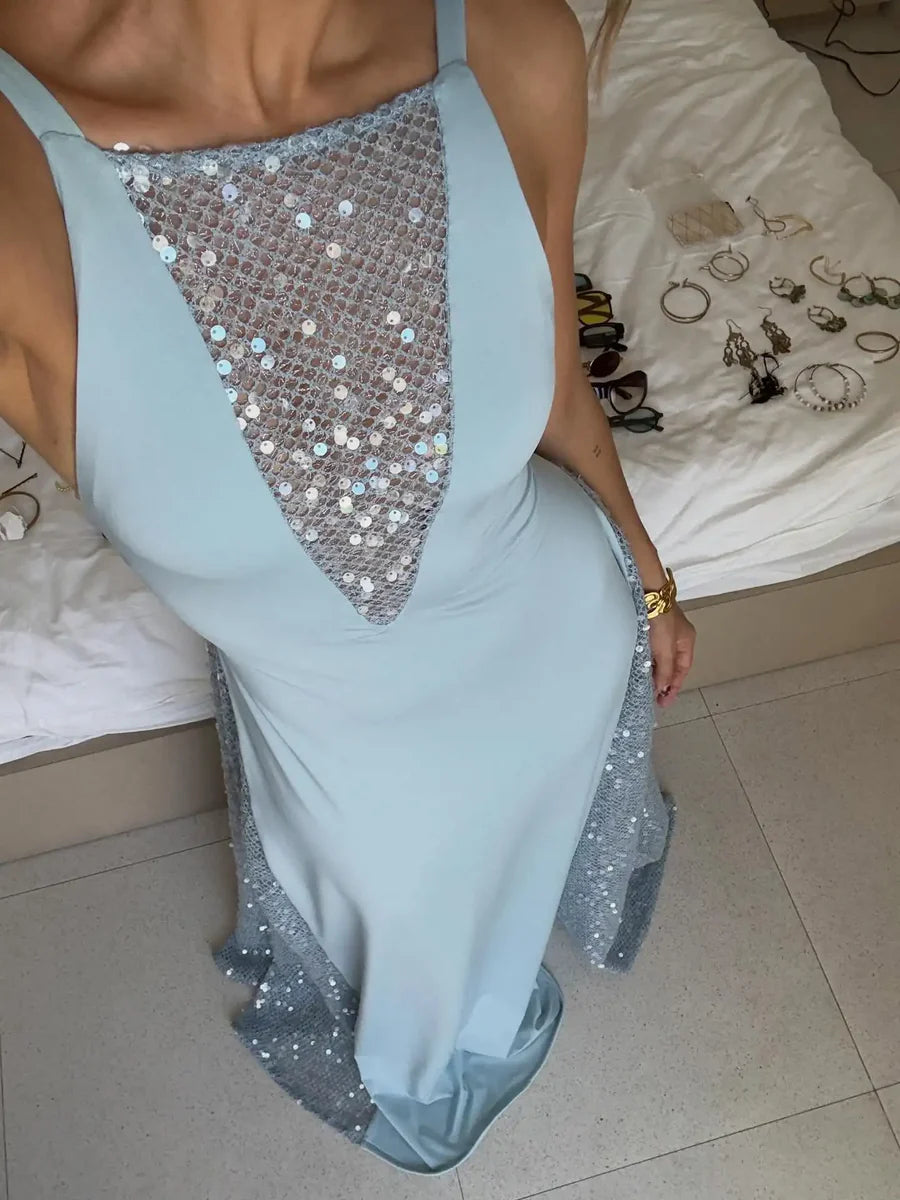 Elegant Halter Neck Rhinestone Embellished Open Back Sequin Panel Maxi Prom Dress For Formal Evening Gala Wedding