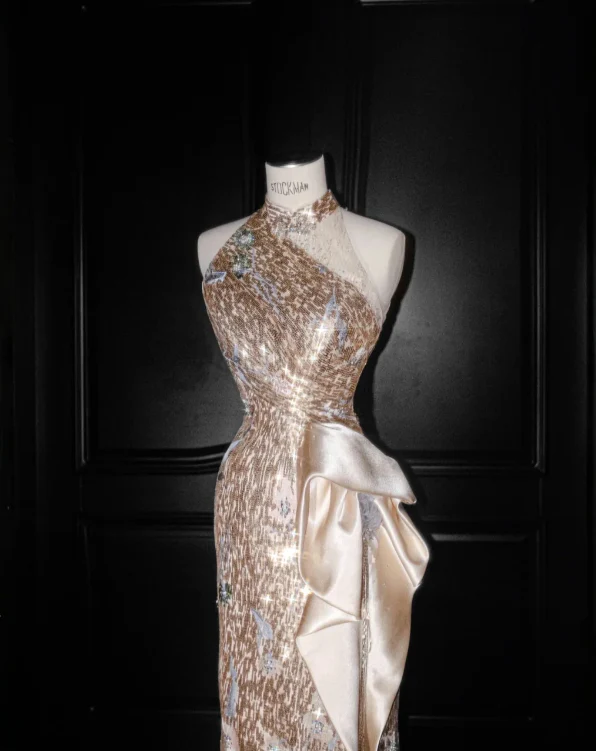 Elegant High Neck Sequin Floral Embellished Satin Bow High Slit Maxi Prom Dress