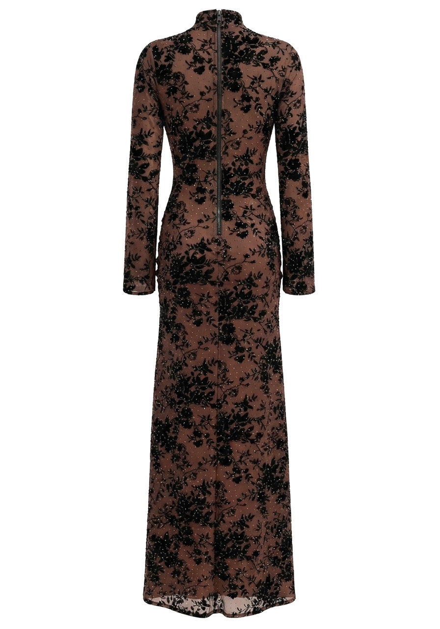 Elegant Long Sleeve High Neck Floral Velvet Sequin Mesh Maxi Prom Dress