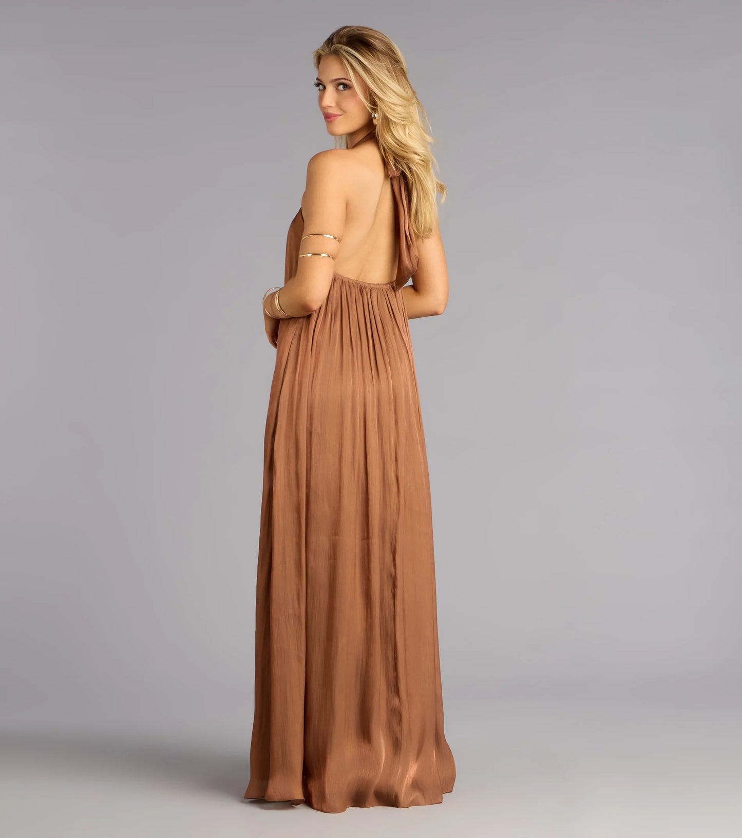 Elegant Mocha Halter Neck O-Ring Cutout Open-Back Prom Dress