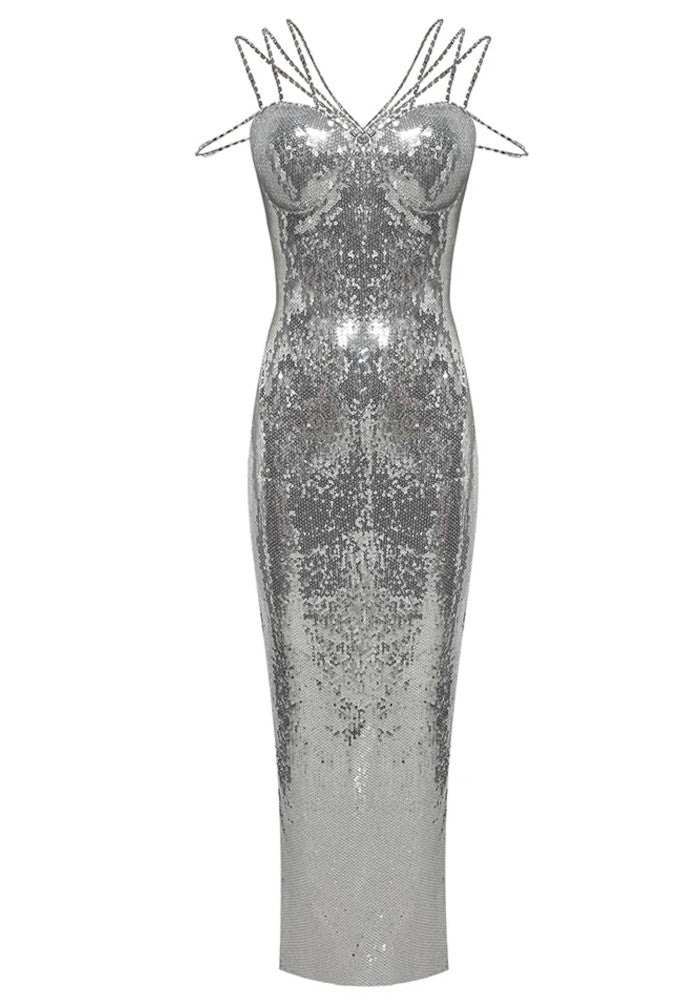 Elegant Multi Strap Sweetheart Neck Open Back Sequin Mermaid Maxi Prom Dress With Back Slit