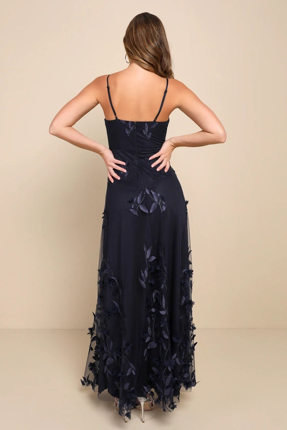 Elegant Navy Blue Spaghetti Strap Maxi Dress with 3D Leaf Applique and High Side Slit, Prom Dress