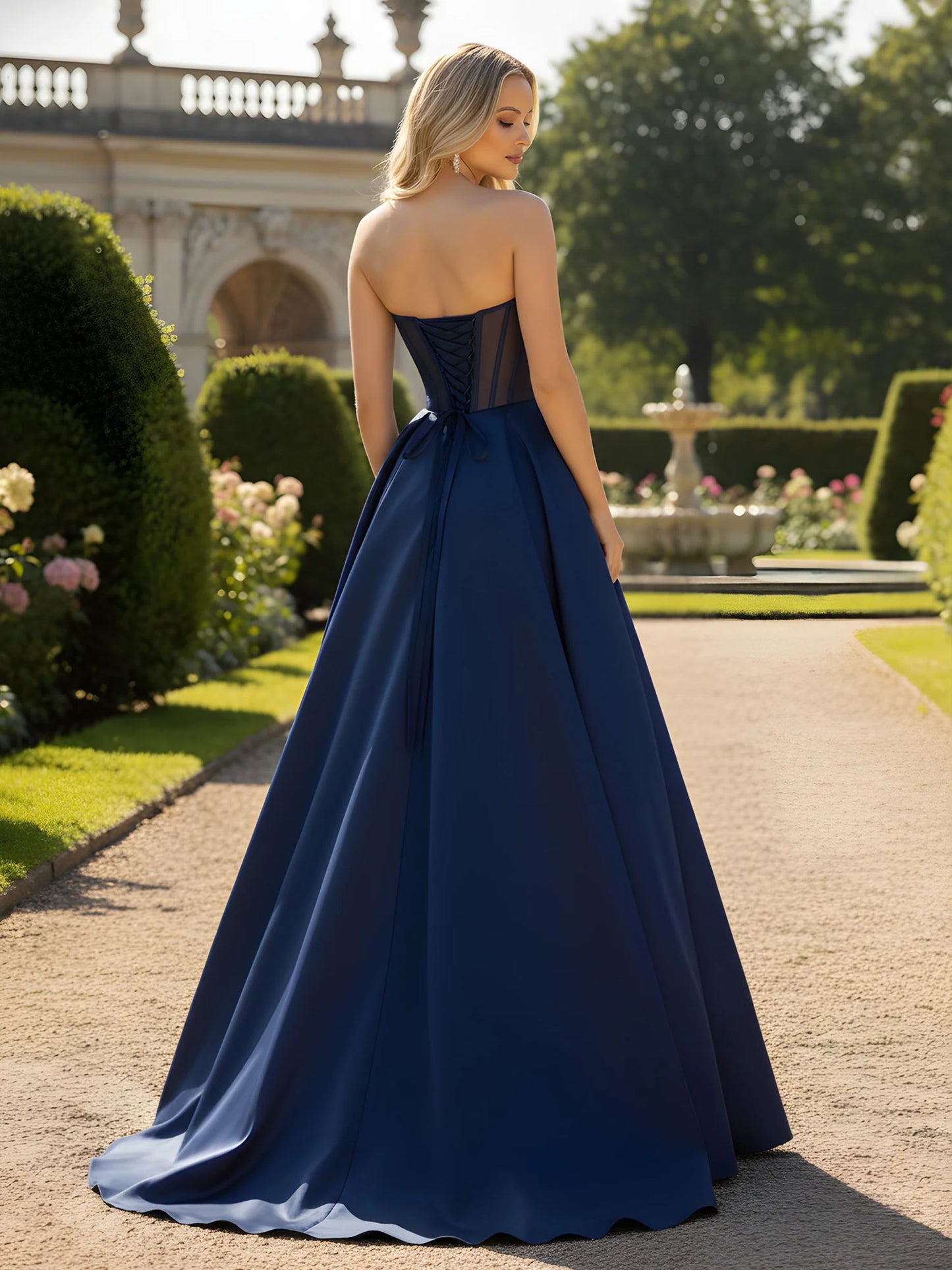 Elegant Navy Blue Strapless Satin Ball Gown with Beaded Sweetheart Neckline: Prom Dress