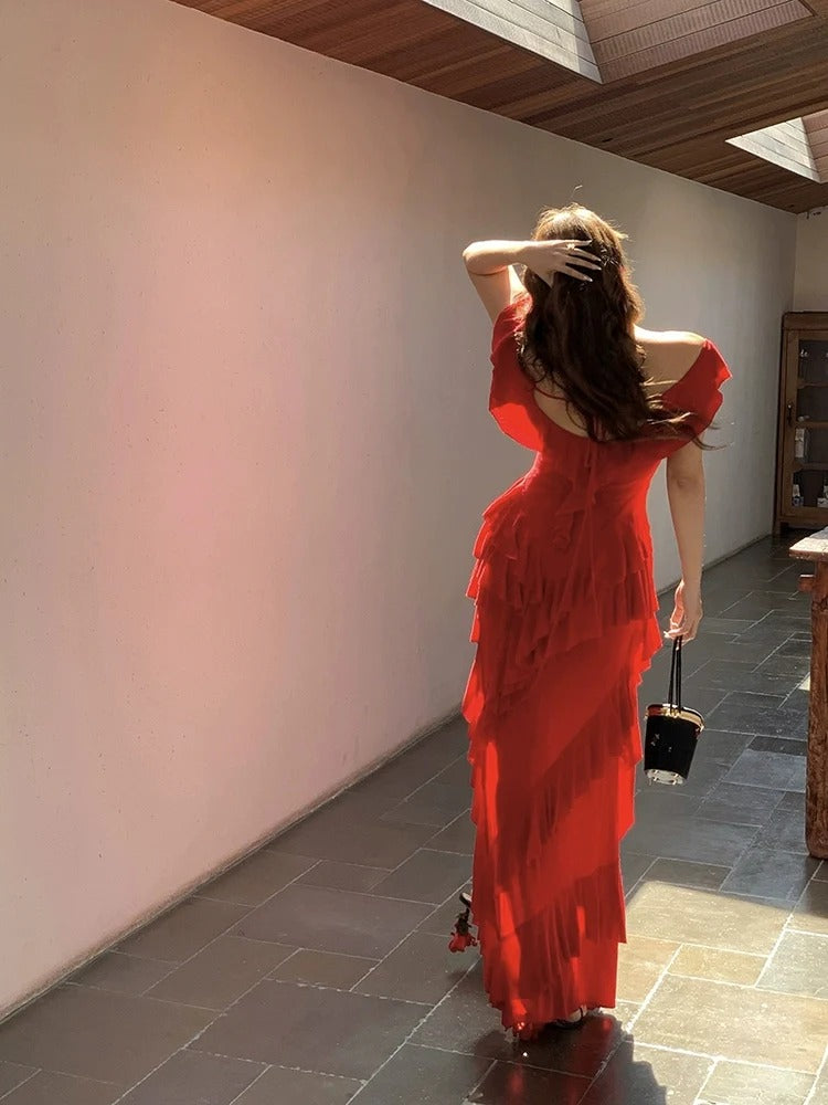 Elegant Off Shoulder Ruffle Trim Tiered High Low Chiffon Maxi Prom Dress