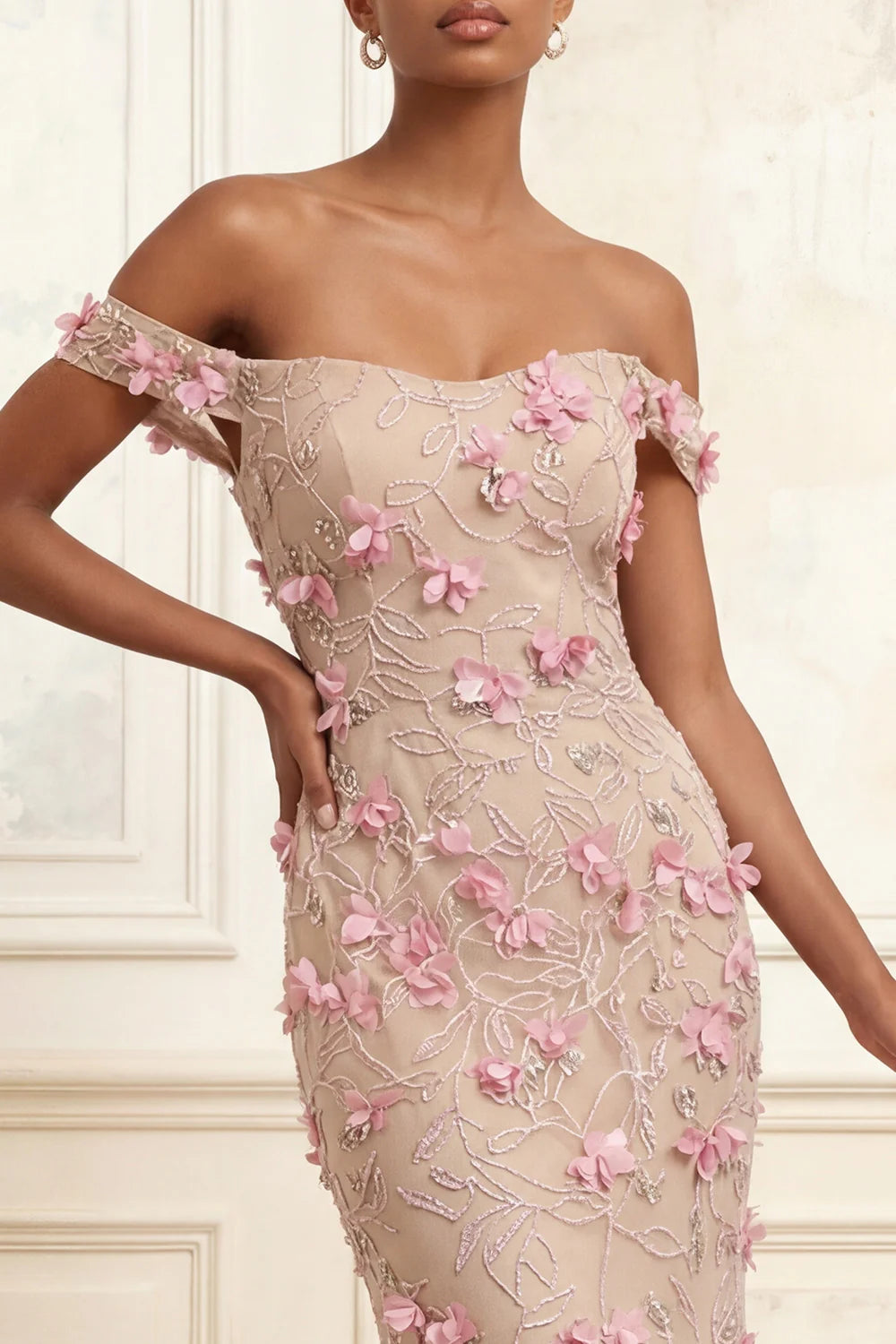 Elegant Off The Shoulder 3D Floral Embellished Tulle Mermaid Evening Dress