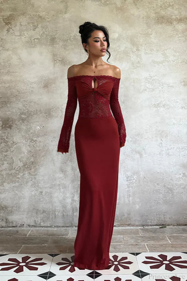 Elegant Off The Shoulder Long Sleeve Lace Insert Twist Front Bodycon Maxi Prom Dress With Split For Wedding Guest Bridal Shower Formal Evening