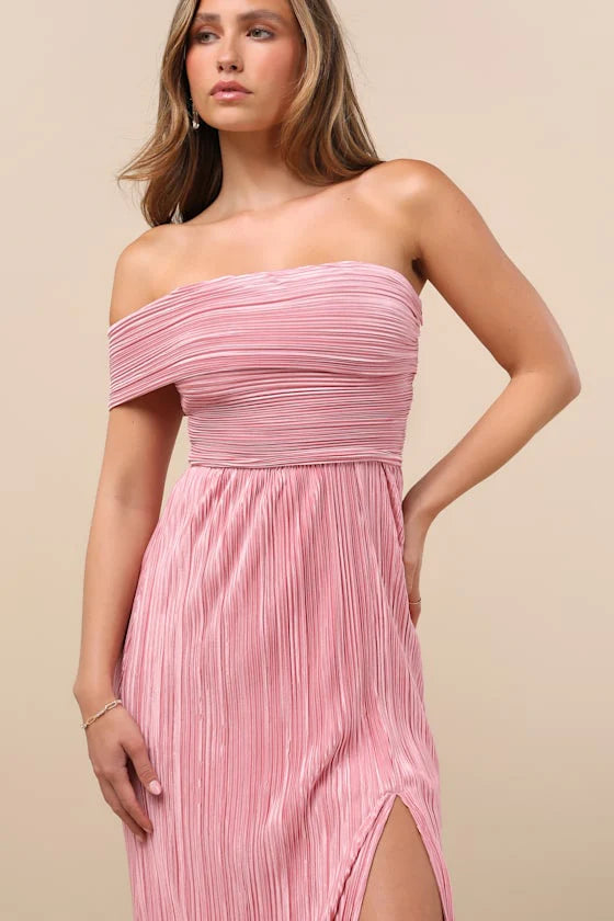 Elegant Off The Shoulder Pleated High Slit Maxi Prom Dress For Formal Evening Gala Wedding Guest Bridesmaid
