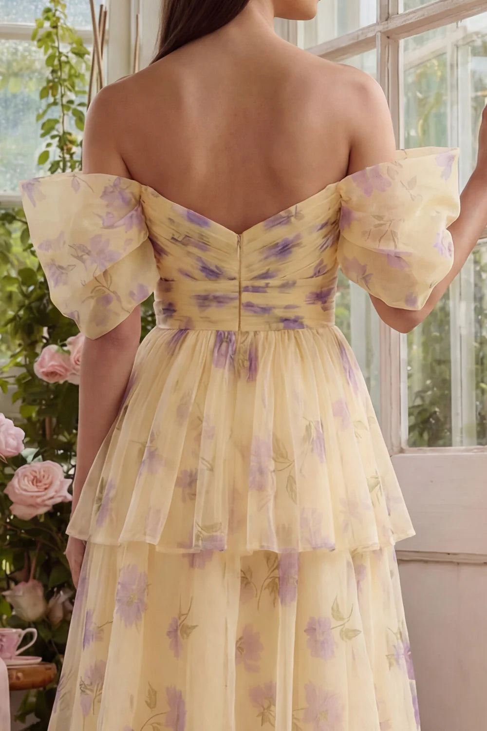 Elegant Off The Shoulder Puff Sleeve Floral Print Tiered Tulle Midi Prom Dress