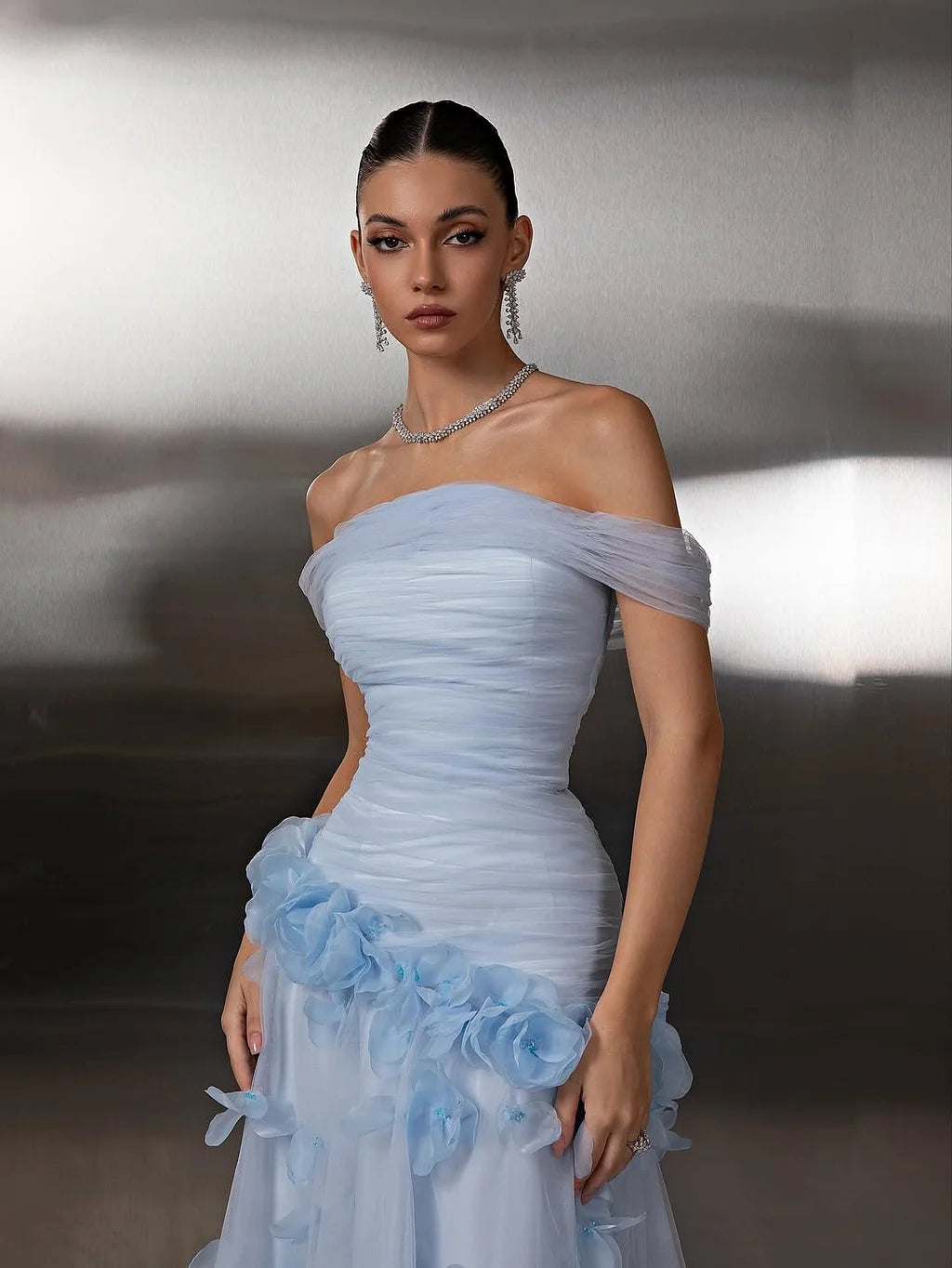 Elegant Off The Shoulder Ruched Bodice 3D Floral Applique Tulle A Line Maxi Prom Dress For Formal Evening Wedding
