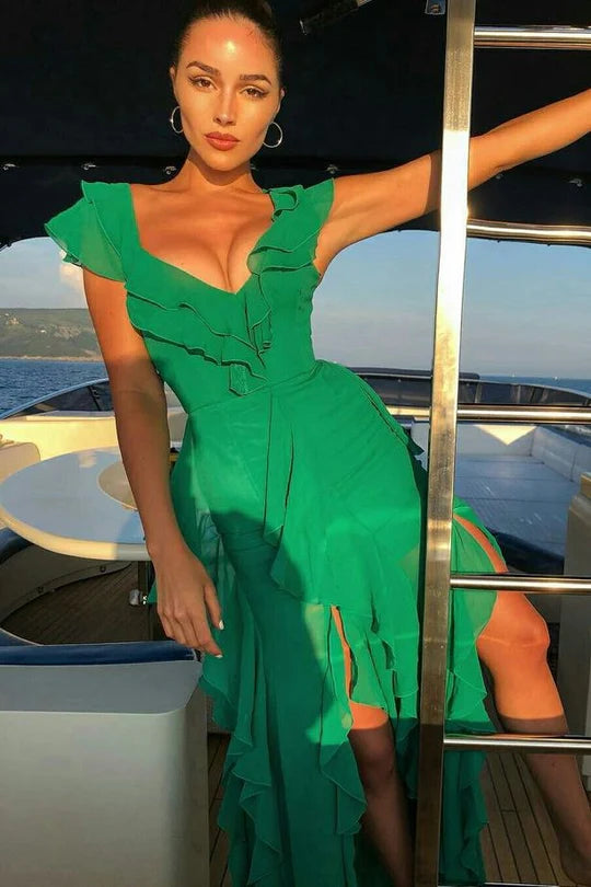 Elegant Off The Shoulder Ruffle Sleeve V Neck High Slit Ruffle Detail Bodycon Maxi Evening Dress For Formal Evening Prom Wedding Guest Bridesmaid Cocktail Party Gala