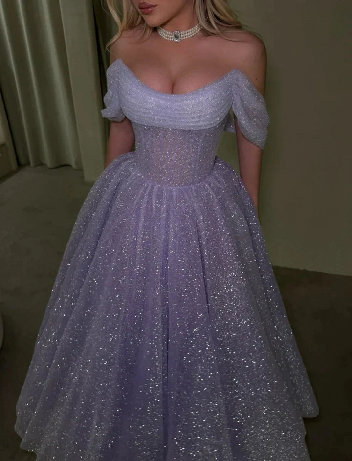 Elegant Off The Shoulder Sweetheart Corset Bodice Glitter Tulle Ball Gown Maxi Prom Dress For Formal Evening Red Carpet