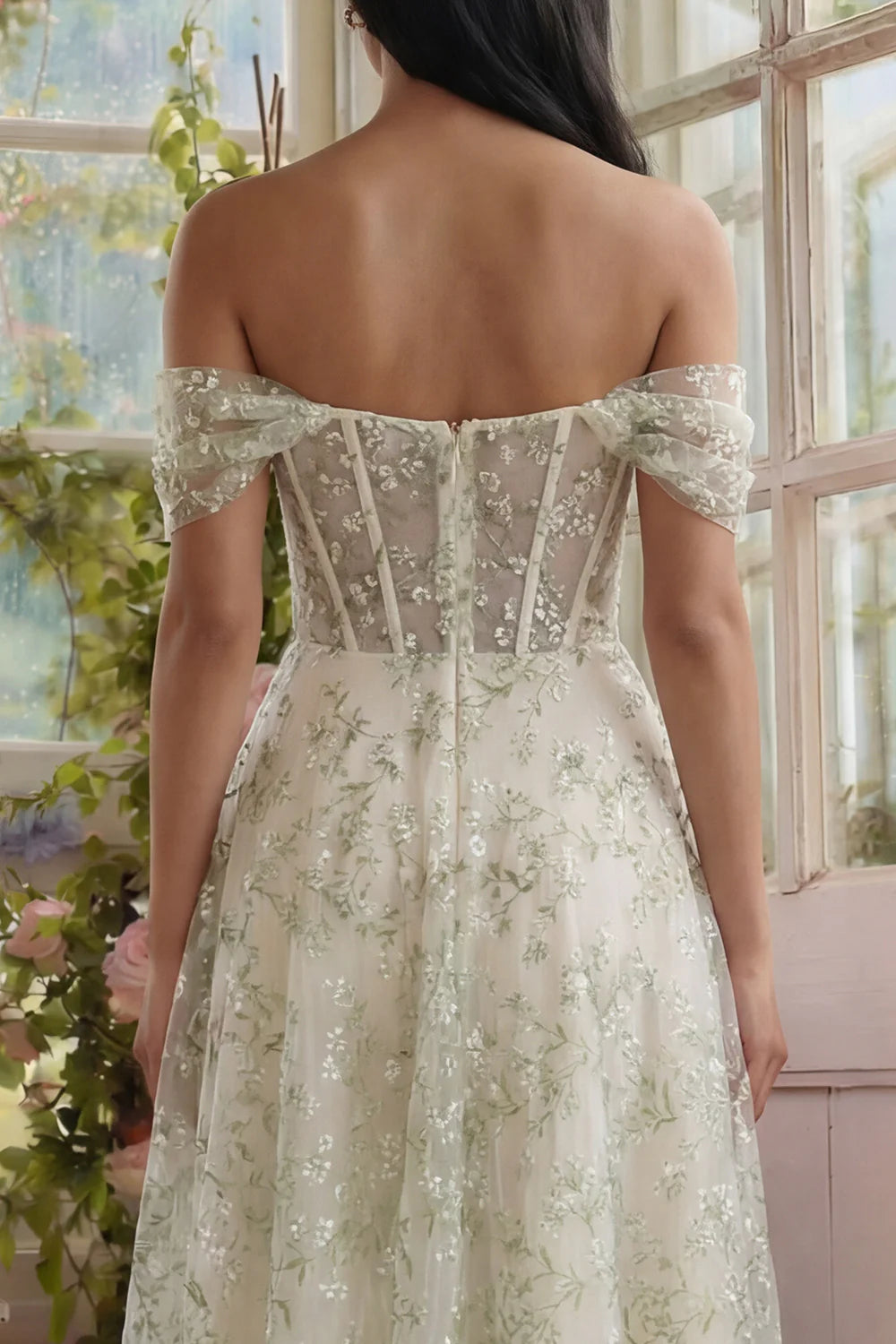 Elegant Off The Shoulder Sweetheart Neck Corset Bodice Floral Embroidered Tulle Midi Prom Dress