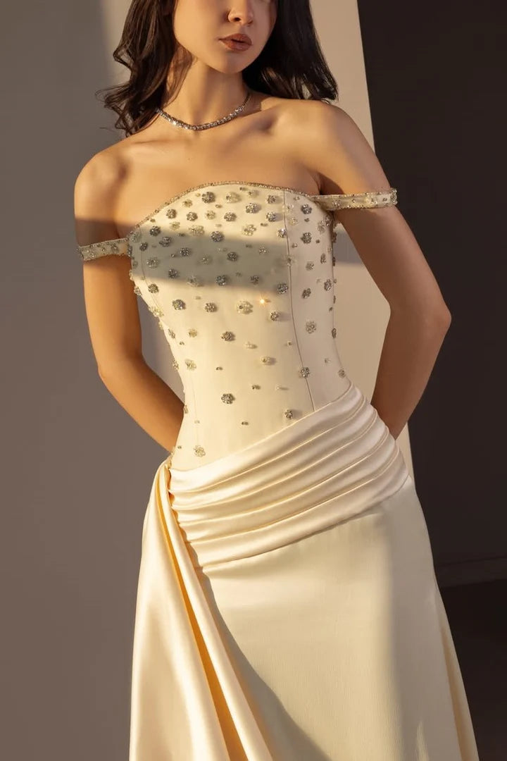 Elegant Off The Shoulder Sweetheart Neckline Beaded Embellished Bodice Ruched Satin Mermaid Evening Dress With Overskirt Train For Formal Evening Wedding Prom Gala