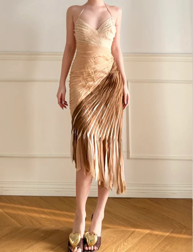 Elegant Ombre Brown Halter Neck Prom Dress With Pleated Asymmetrical F – Koutun Dress
