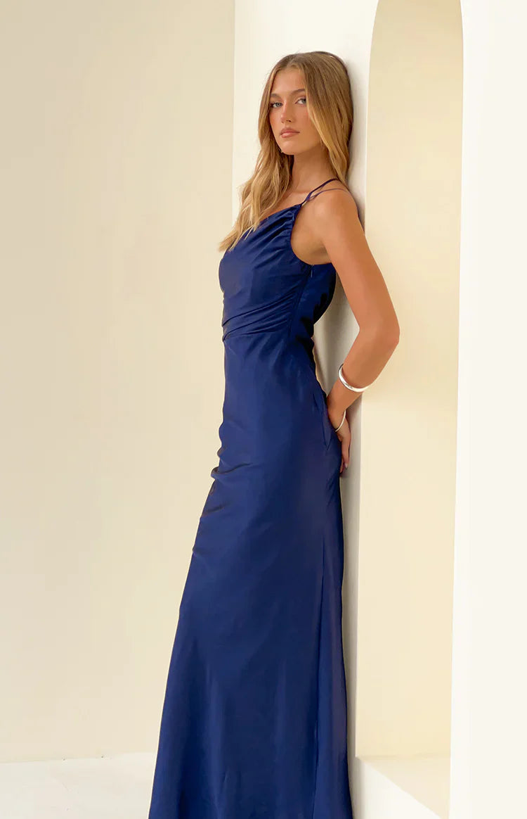 Elegant One Shoulder Cowl Back Ruched Bust Satin Mermaid Maxi Prom Dress