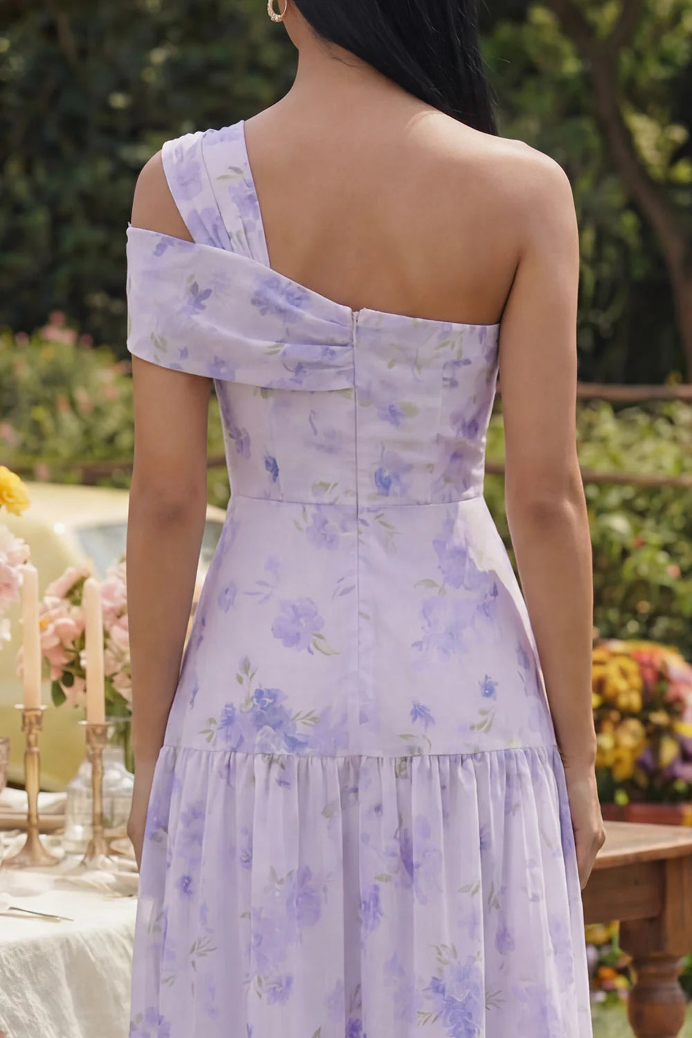 Elegant One Shoulder Floral Print Tiered Chiffon Midi Prom Dress