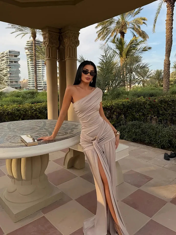 Elegant One Shoulder Ruched Knot Detail Bodycon Maxi Prom Dress With Slit For Formal Evening Wedding Guest