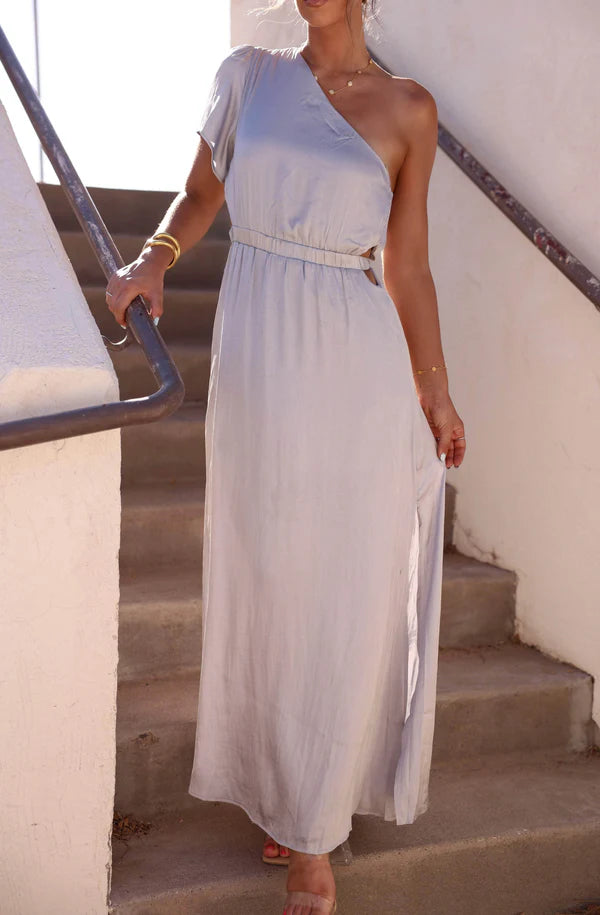 Elegant One Shoulder Short Sleeve Cutout Waist Satin Maxi Prom Dress For Wedding Guest Bridal Shower Formal Evening