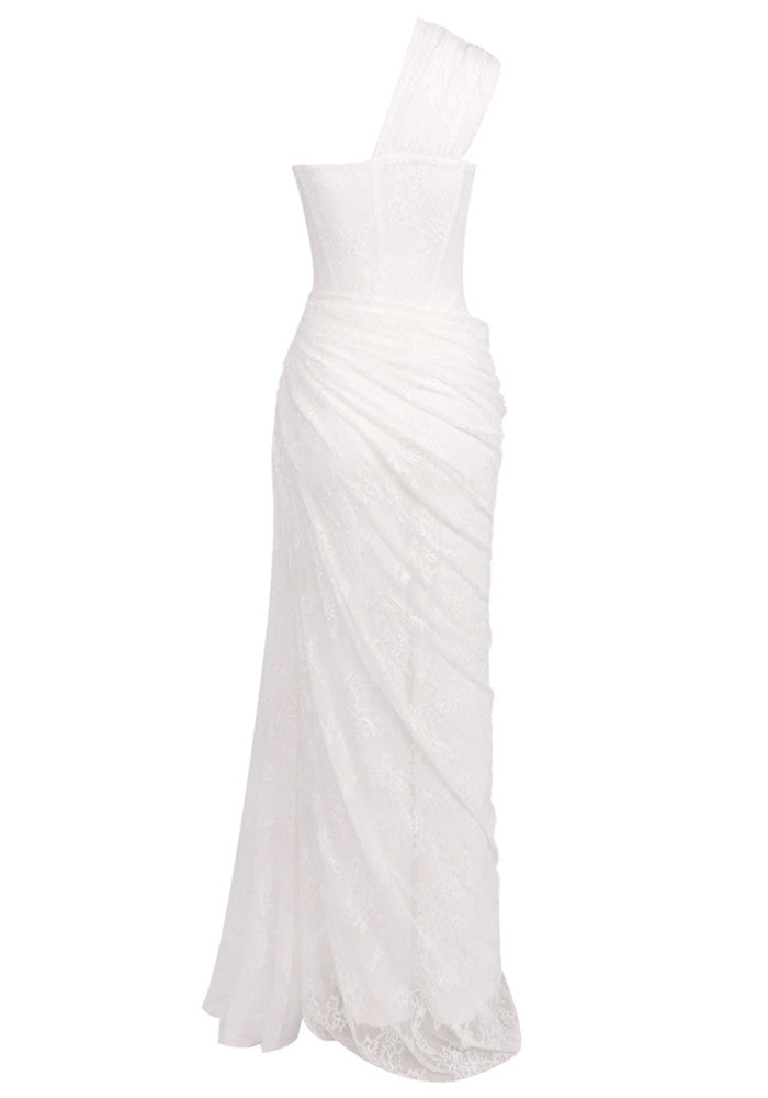 Elegant One Shoulder Sweetheart Neck Open Back Lace Up Detail Lace Ruched Mermaid Maxi Prom Dress