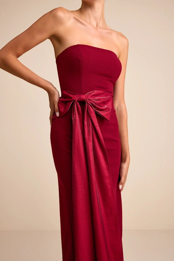 Elegant Ruby Red Strapless Maxi Dress with Velvet Bow Detail and High Side Slit: Prom Dress