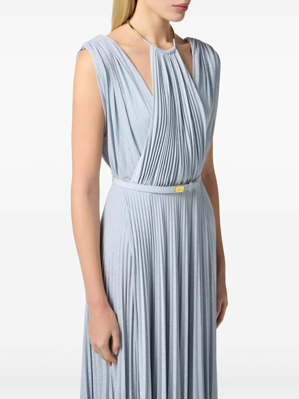 Elegant Sky Blue Lurex Pleated Halter Evening Dress