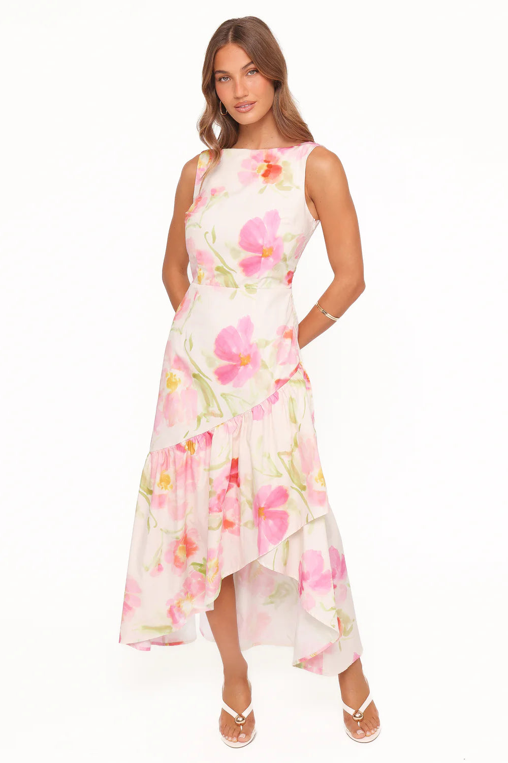 Elegant Sleeveless Boat Neck Floral Print Smocked Back Asymmetrical Ruffle Hem Maxi Prom Dress For Formal Evening Wedding Guest Bridesmaid Cocktail Party