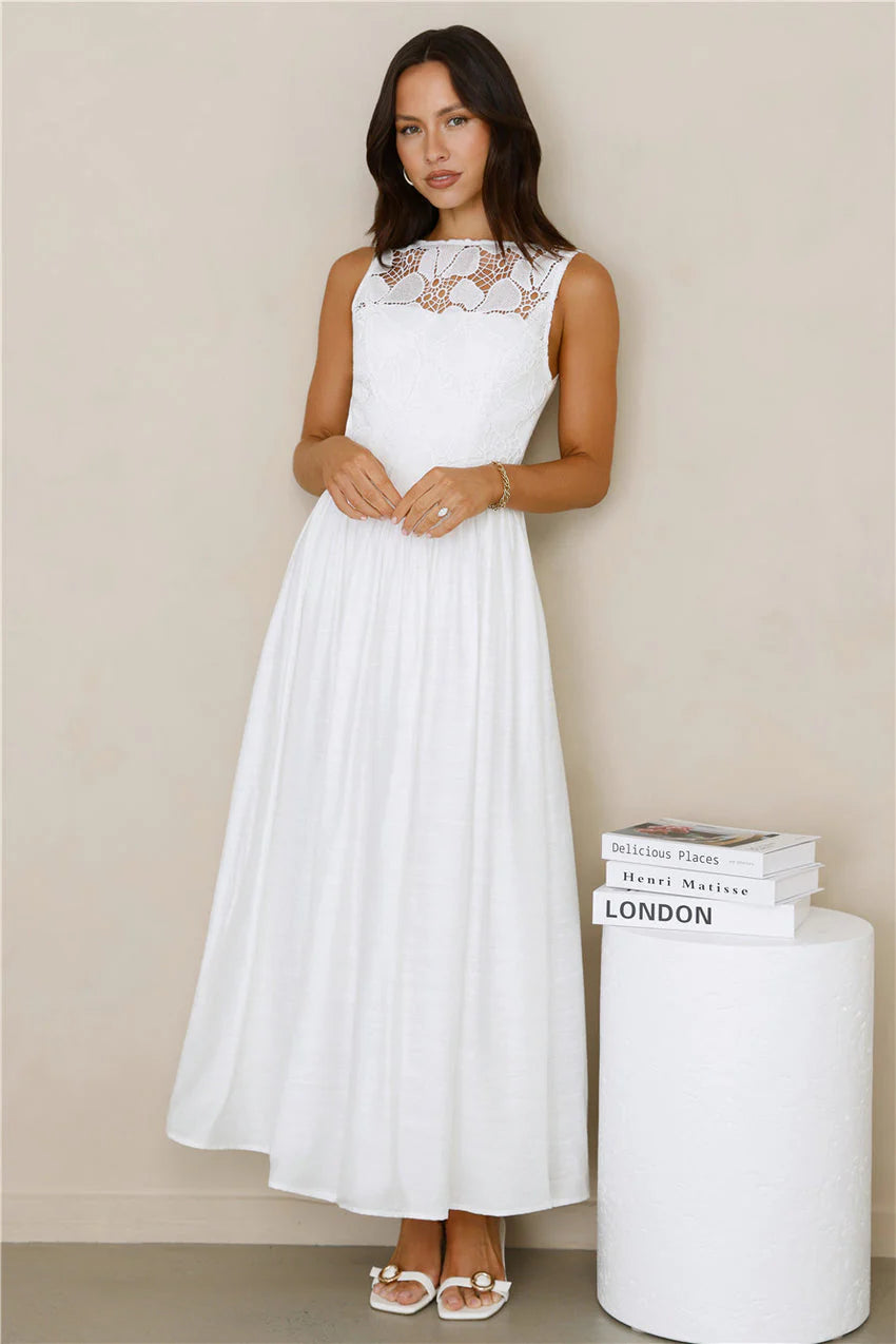 Elegant Sleeveless Square Neck Open Back Lace Crochet Detail A Line Midi Evening Dress For Formal Evening Prom Wedding Guest Bridesmaid Cocktail Party Gala