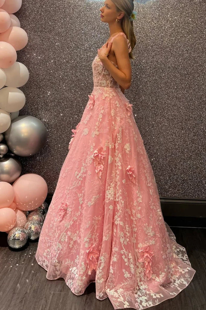 Elegant Spaghetti Strap 3D Floral Applique Lace Up Back Ball Gown Maxi Prom Dress For Formal Evening Wedding Guest