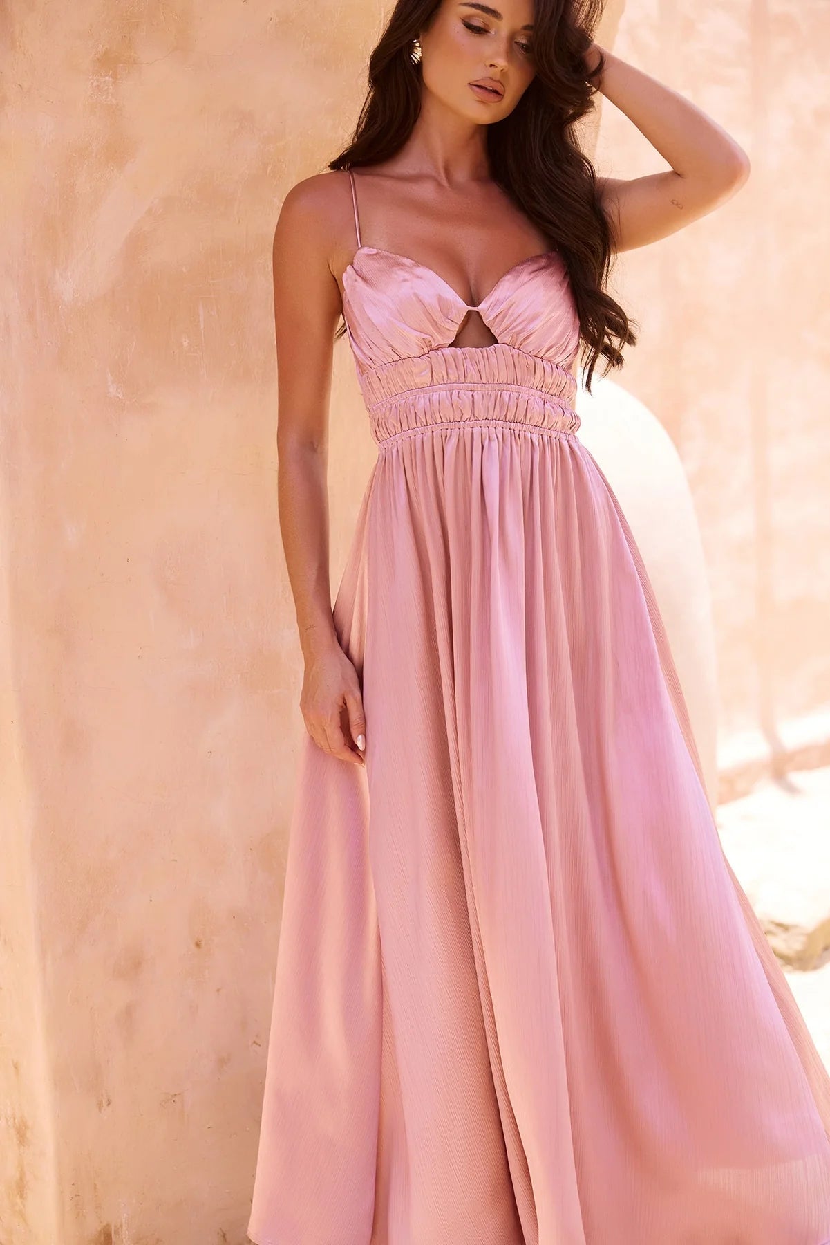 Elegant Spaghetti Strap Cutout Bust Open Back Ruched Satin A Line Maxi Prom Dress For Formal Evening Gala Wedding Guest Bridesmaid Vacation