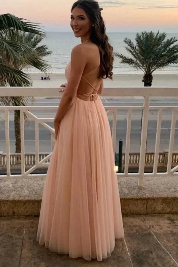 Elegant Spaghetti Strap Lace Applique Open Back Criss Cross Tulle A Line Maxi Prom Dress For Formal Evening Wedding Guest