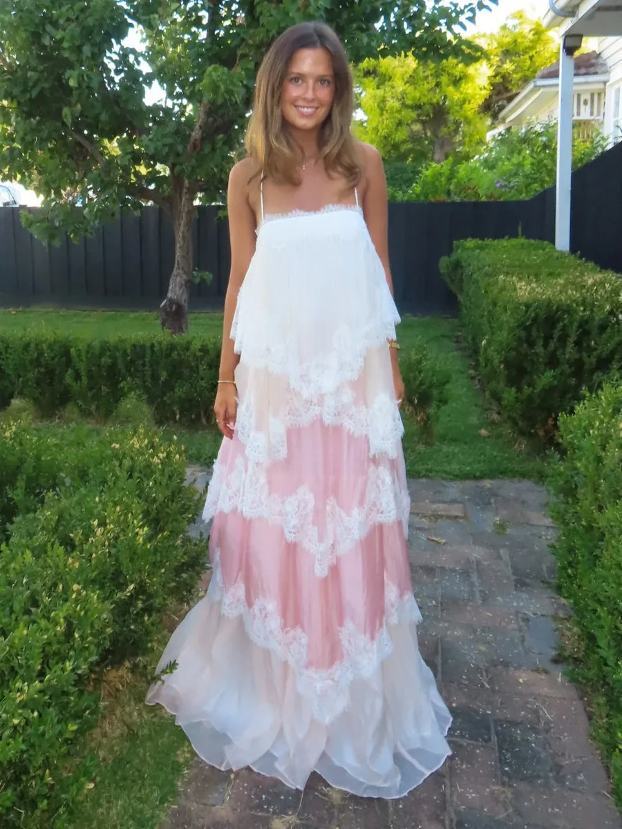 Elegant Spaghetti Strap Lace Trim Tiered Color Block Maxi Prom Dress For Formal Evening Gala Wedding Guest Bridesmaid