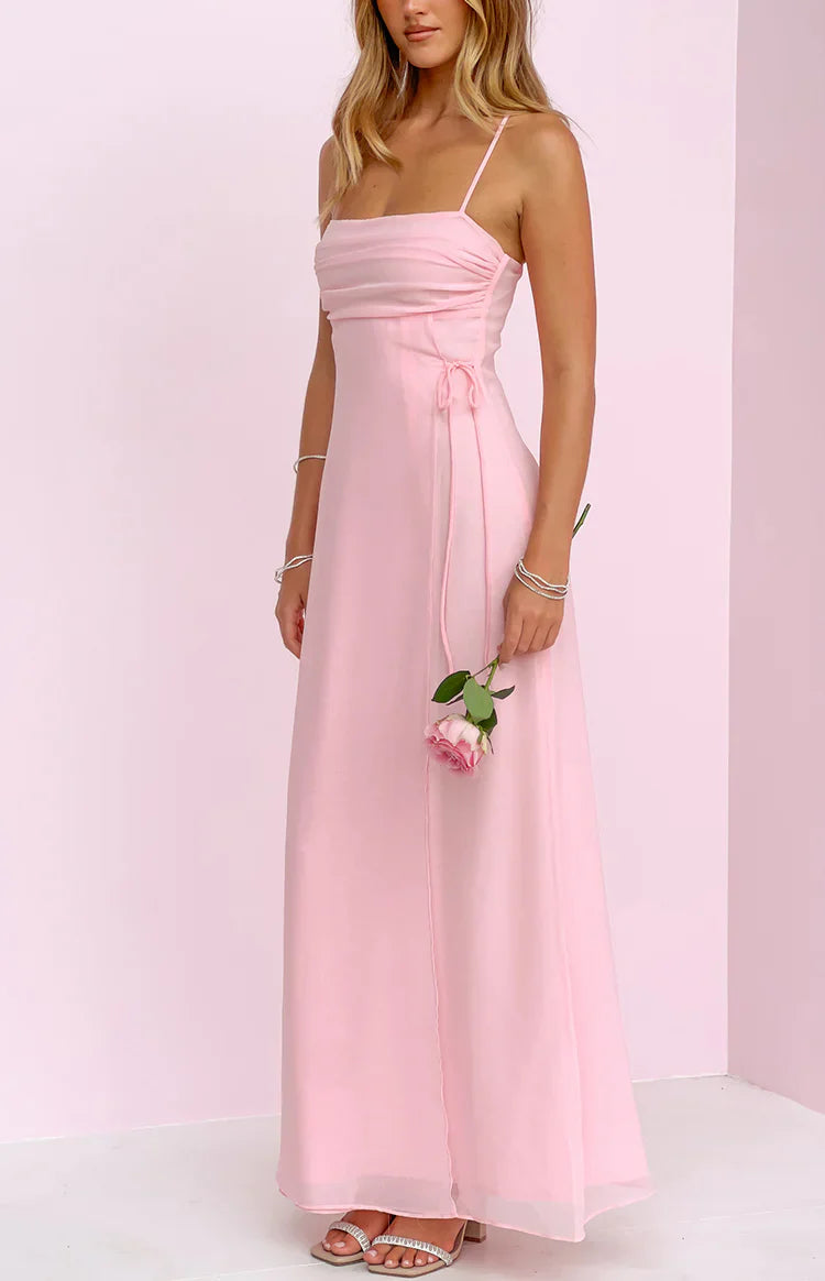 Elegant Spaghetti Strap Square Neck Ruched Bust Tie Detail Chiffon Maxi Prom Dress