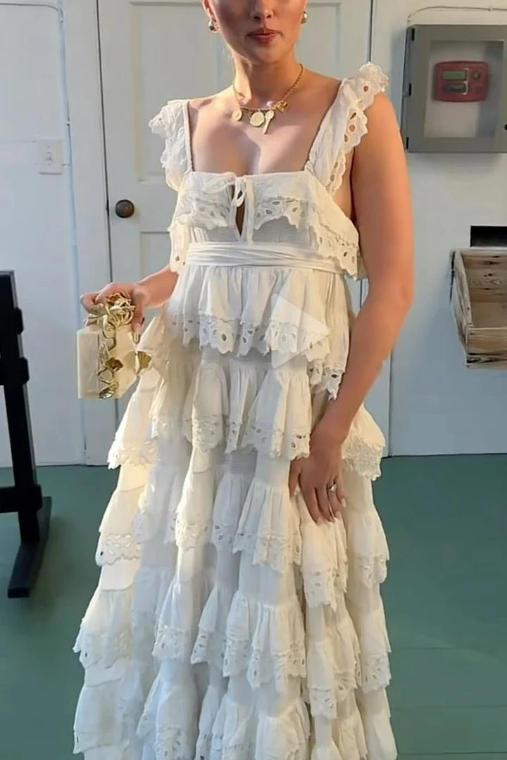 Elegant Spaghetti Strap Square Neckline Eyelet Lace Trim Tiered Ruffle Smocked Bodice A Line Maxi Evening Dress For Formal Evening Wedding Guest Bridal Shower Beach Wedding Prom
