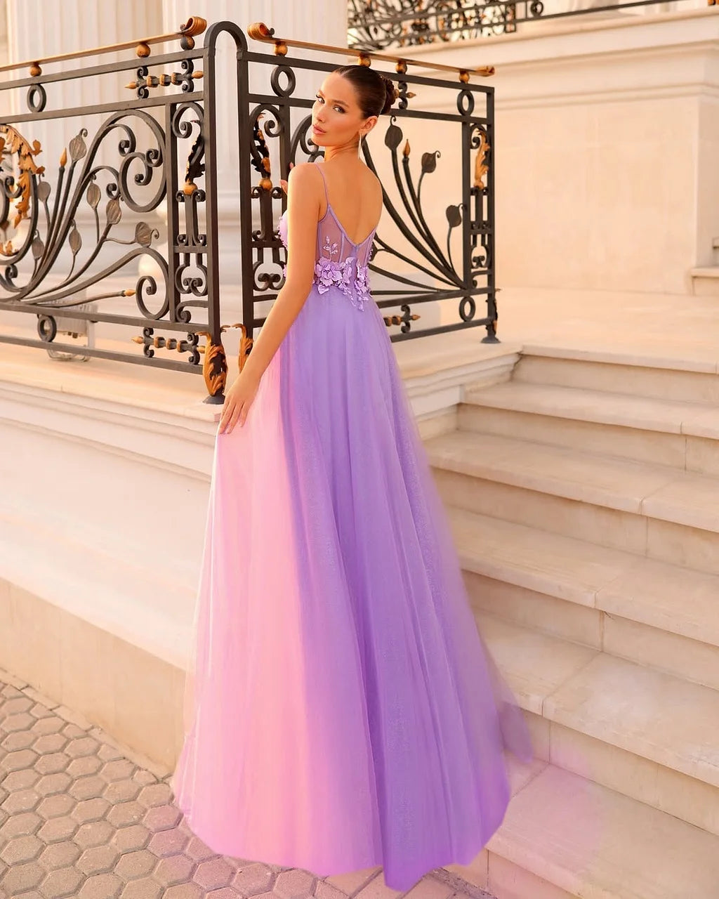 Elegant Spaghetti Strap V Neck 3D Floral Applique Tulle A Line Maxi Prom Dress For Formal Evening Wedding Guest
