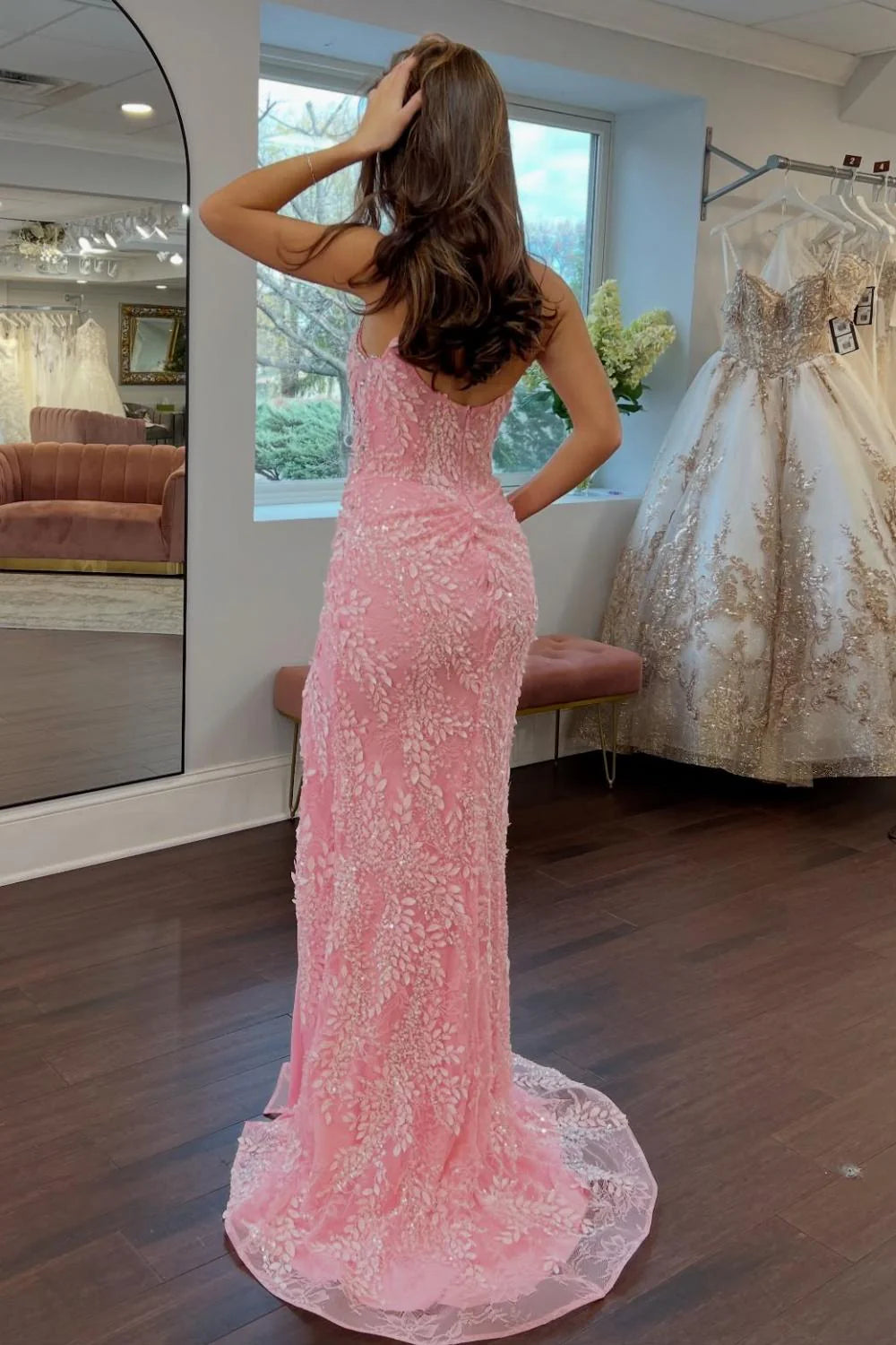Elegant Spaghetti Strap V Neck Beaded Leaf Lace Ruched High Slit Mermaid Prom Dress with Train